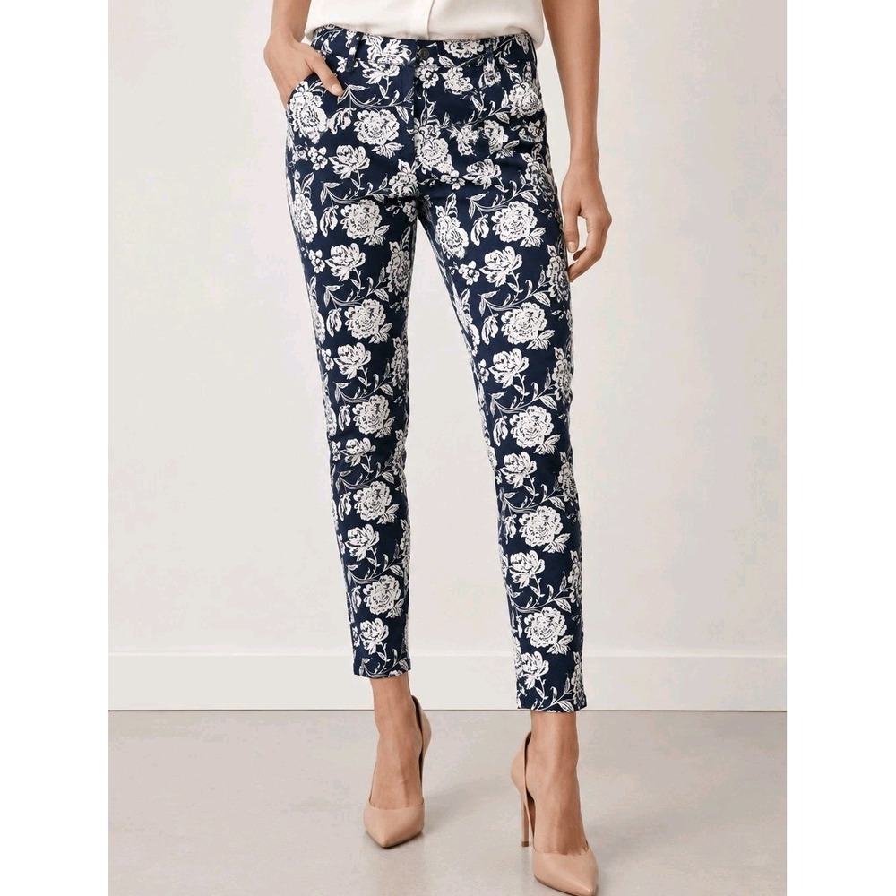 GAP Signature Skinny Ankle Khaki Floral Pants Women's Size 6 Navy White Stretch - Picture 1 of 12